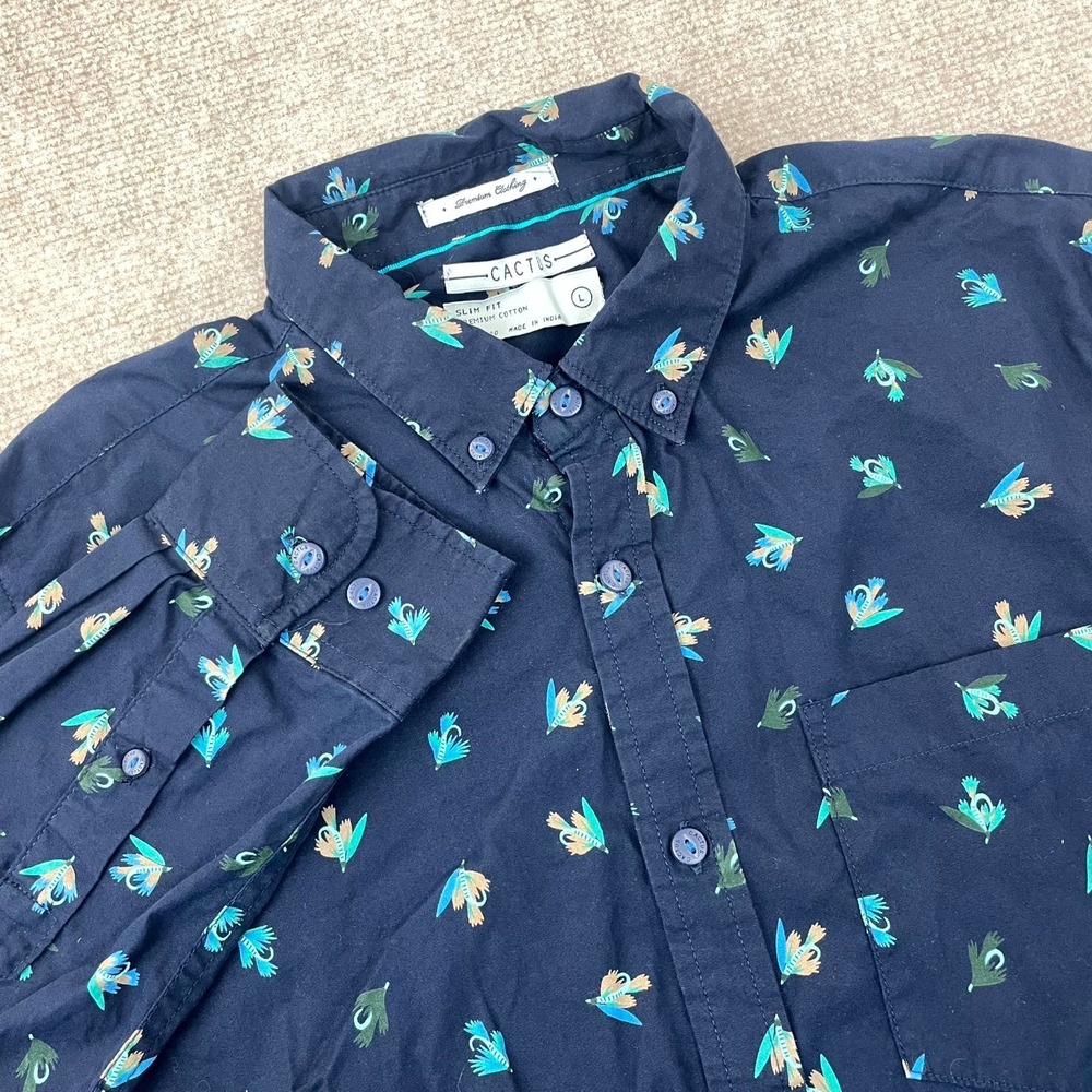 Cactus Shirt Mens Large Navy Blue Fishing Lure Fly Slim Fit Premium Button Down